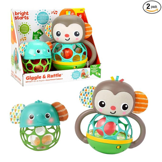 Bright Starts Giggle & Rattle Gift Set - Musical & Sensory Baby Toys 2-Pack, Elephant & Monkey, Unisex, Newborn+
