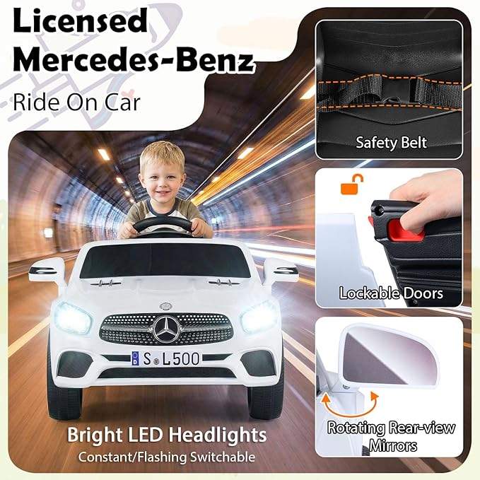 Costzon Ride On Car, 12V Licensed Mercedes Benz Electric Vehicles with Parent Remote Control, LED Headlights, Music & Wireless Connection, Kids Car for Boys Girls Aged 3-8 (SL500,White)