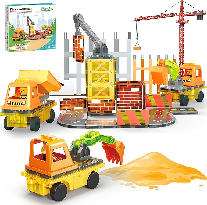 PicassoTiles Magnet Tile Construction Themed Building Blocks 5-in-1 Crane, Ladder, Dump Truck, Excavator, and Backhoe Action Figures, 2 Car Base Vehicles Magnetic Tiles Learning Toys Kids Ages3+ PTU06