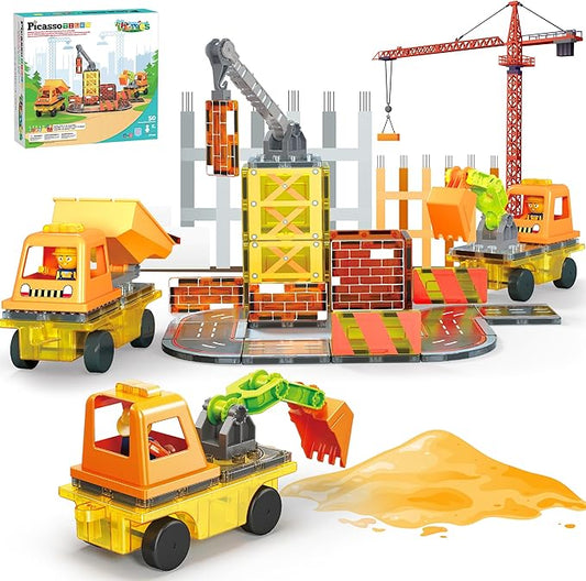 PicassoTiles Magnet Tile Construction Themed Building Blocks 5-in-1 Crane, Ladder, Dump Truck, Excavator, and Backhoe Action Figures, 2 Car Base Vehicles Magnetic Tiles Learning Toys Kids Ages3+ PTU06