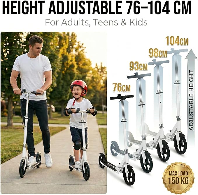 Non-Electric Scooters for Kids 8-12, Teens & Adults - Foldable Commuter Scooter with 8" Wheels, Bell, Hand Brake & Adjustable Height 30"-40.5", 220LB Capacity, Manual Push Scooter for Campus & Park