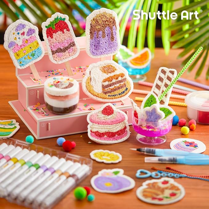 Shuttle Art 105 Pcs Magic Foam Texture Painting Kit Dessert Series: 24 Dessert Foam Pieces, Slime, Clay, Pastry Display Case, 12 Acrylic Paint Markers, Magical 3D Effect DIY Art for Kids Ages 3-12