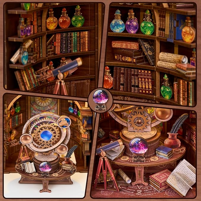 Book Nook Kit, Simple Booknook Bookend, Miniature Dollhouse House Kit | DIY 3D Wooden Puzzle for Beginner, Model Building with LED Light and Dust Cover - Gear and Divination Ball, Science vs Magic