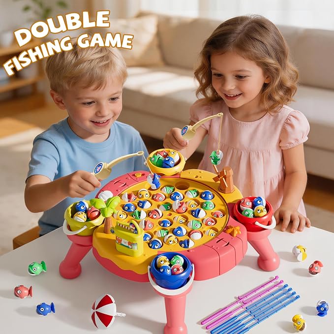 ORANGE OCEAN Pink 70 PCS Magnetic Fishing Game Toddlers 3-5, Board Games for Kids 4-6, Fishing Toys with 360° Rotation & Sound, for Boys Girl