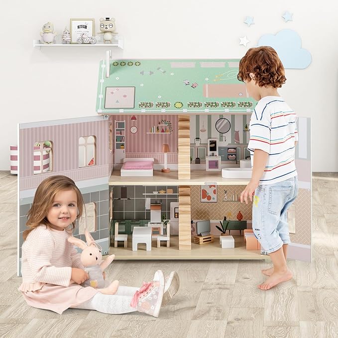 HONEY JOY Doll House, 3-Story Wooden Dollhouse Playset w/Double-Sided Roofs, 5 Rooms, 19 Accessories & Miniature Furniture, Pretend Play Toddler Big Doll House, Gift for Kids Aged 3+ (Pink, 2.2 FT)