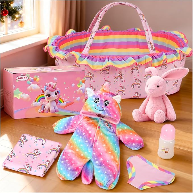 ARTST Reborn Baby Doll Accessories with Bassinet, Rainbow Unicorn Doll Clothes Outfit Set for 17-22 inch Newborn Babies,Birthday Gift for 3-12 Girls Boys(NO Doll)