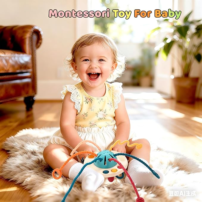 Montessori Baby Toys for 12M+, UFO Sensory Play Set for Toddlers, Pull String Pull String Toy in Stollers Developmental Toys for Fine Motor Skills Gift for Boys& Girls