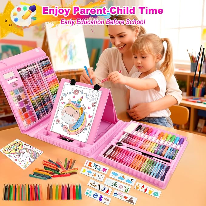 Goldge Kids Art Set, 230 PCS+ Art Supplies for Kids with Double-Sided Easel, Coloring Kit for Kids with Crayons, Colored Pencils, Markers, Watercolor Paints, Drawing Kit Gifts for Girls Boys