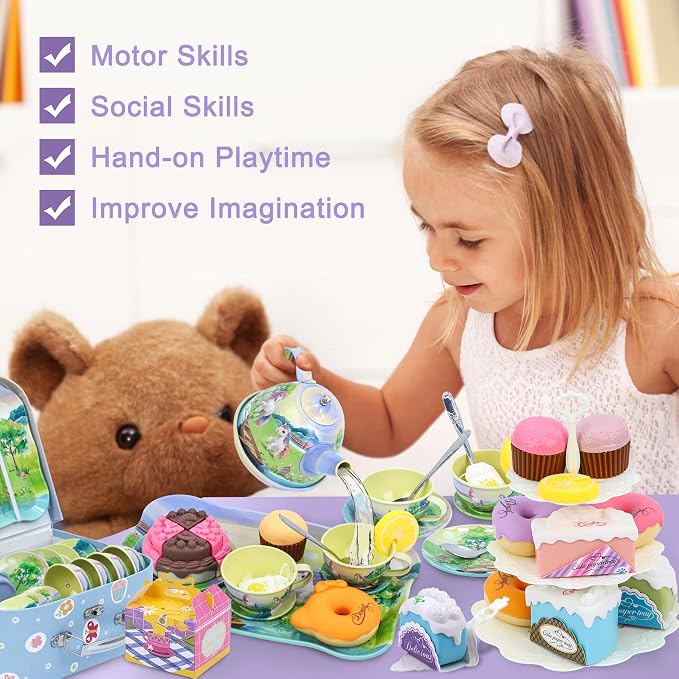 Tea Party Set for Toddlers 3-5, 50PCS Horse Tin Tea Sets for Little Girls with Metal Teapot, Cake Stand, Desserts & Carrying Case, Kids Kitchen Pretend Play Birthday Gift for Girls Age 3 4 5 6 7 8