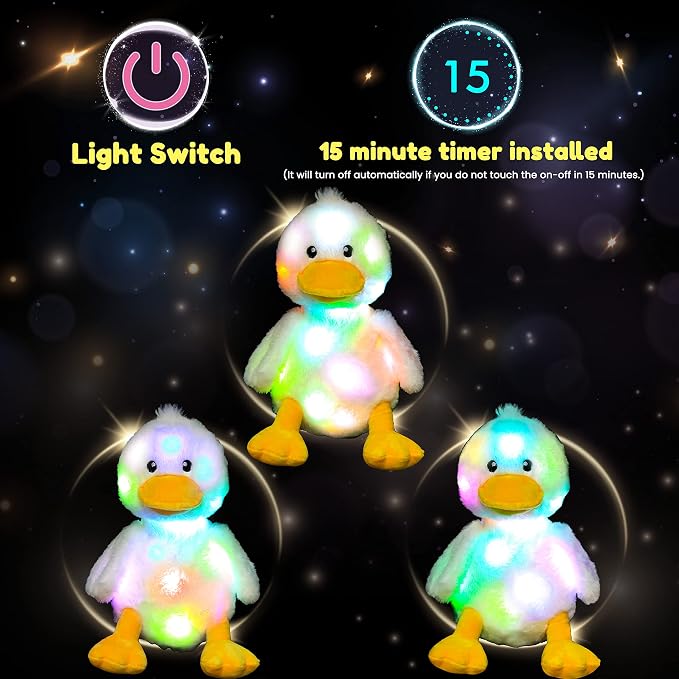 Hopearl Easter LED Plush Duck Light up Stuffed Duckling Farm Animal Floppy Night Lights Glow in The Dark Birthday Gifts for Kids Toddler Girls, White, 12''