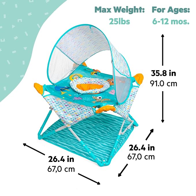 Bright Starts Disney Baby Finding Nemo Pop 'N Jump Portable Baby Jumper, Foldable Indoor/Outdoor Baby Jumper with Sensory Activities, Ages 6–12 Months