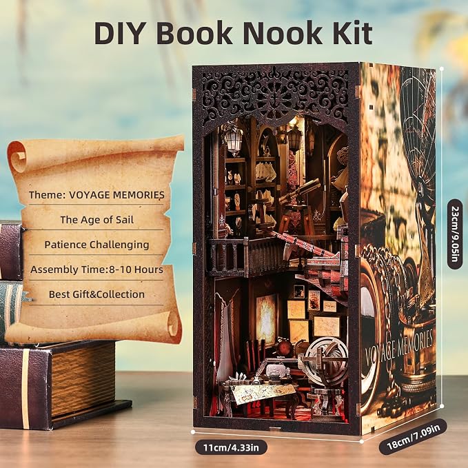 TOYQI Book Nook Kit, Book Nook Kits for Adults | DIY Miniature Dollhouse Kit 3D Wooden Puzzle Booknook Bookend with LED Light