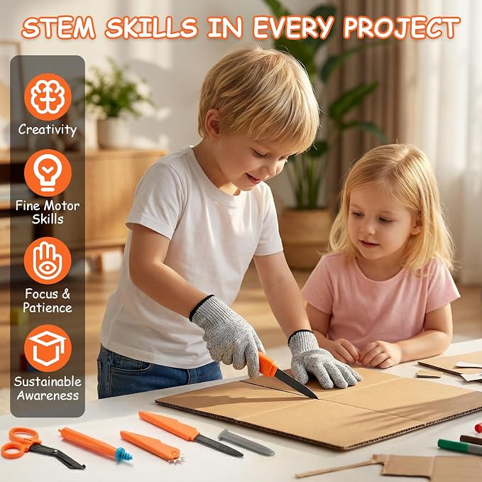 SainSmart Jr. Cardboard Tools for Kids with Safe Cutter, Tool Box & Tape Measure, 120 PCS Cardboard Construction Kit for Family & Classroom Activities | Reusable Cutting Tools for Boys & Girls Age 5+