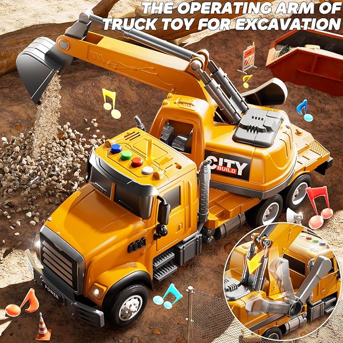 JUKUDAHU Excavator Toys for Boys Aged 3-5 4-6, Play Excavator with Light and Sound, Toy Truck Construction Vehicles Cars for Kids 2-4 4-7 Years Old, Birthday Gift for Girls Toddlers 1-3
