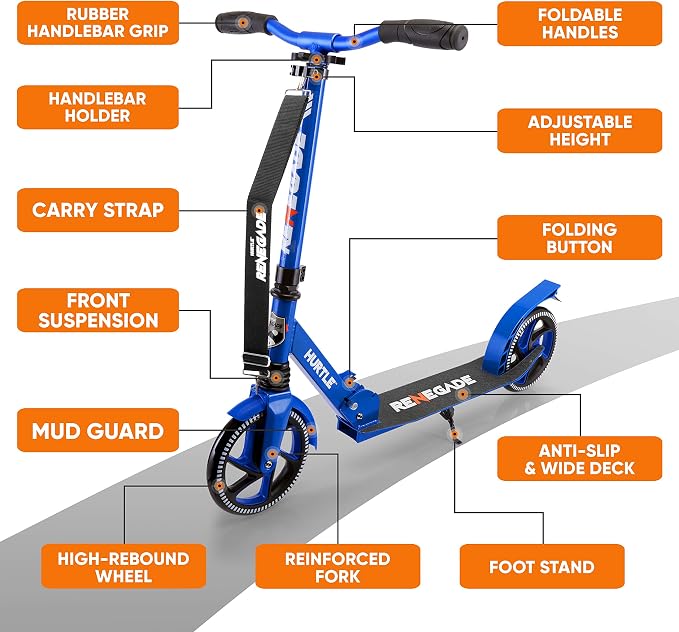 Hurtle Renegade Kick Scooter for Kids, Teenagers & Adults - 2-Wheel Folding Scooter with Adjustable T-Bar Handlebar - Alloy Anti-Slip Deck