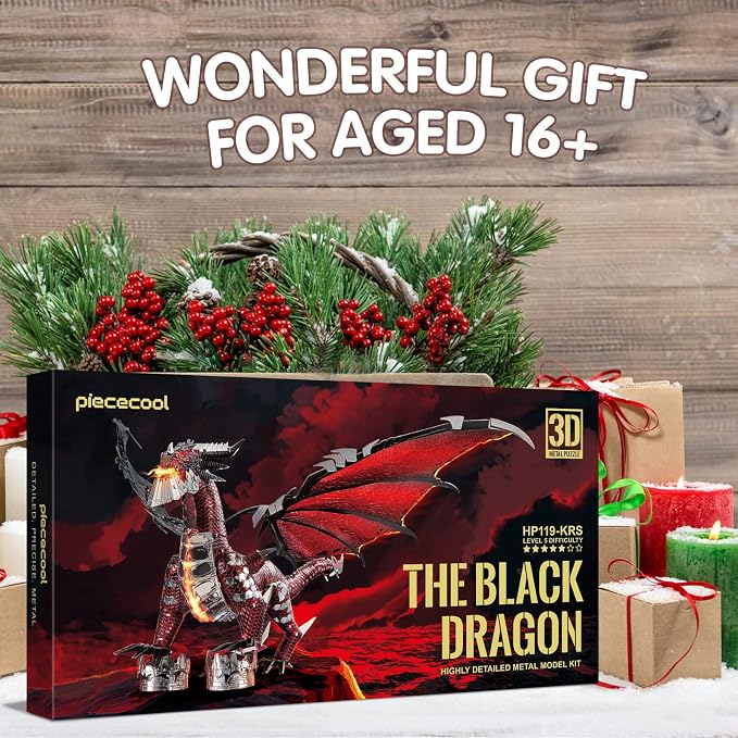 Piececool Black Dragon King 3D Metal Model Building Kits with DIY Tools Set, Challenging 3D Metal Puzzles for Family Time, Great Christmas Birthday New Year Gifts