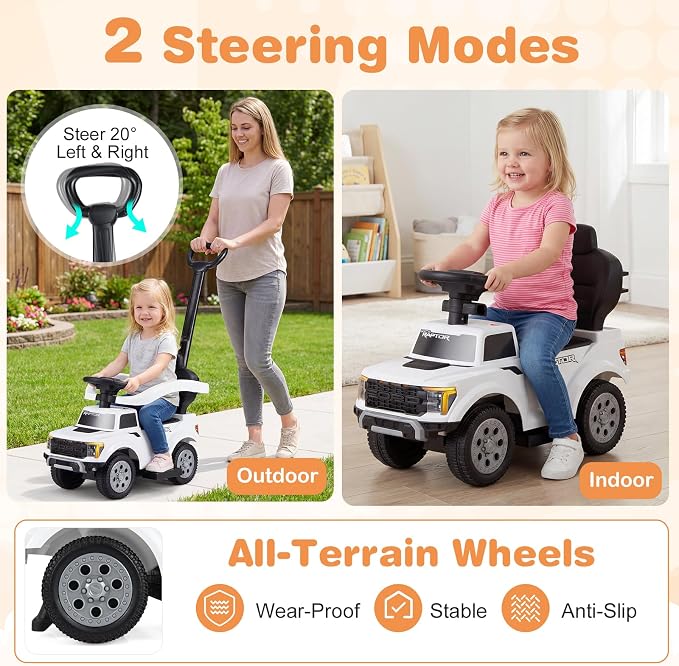 Costzon Ride On Push Car for Toddlers, 3-in-1 Ford Licensed Sliding Car w/Handle, Guardrail, Horn, Engine Sound, LED Lights, Under Seat Storage, Foot-to-Floor Kids Ride On Toys for Boys Girls (White)
