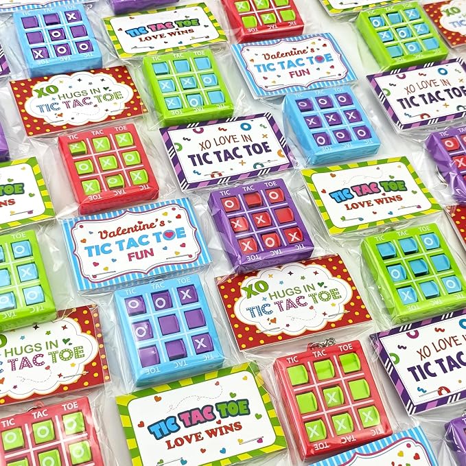 Valentines Day Cards Gifts for Kids School Classroom - 28 Pack, Valentine Exchange Card with Tic Tac Toe Game Keychain for Toddler Boys Girls, Party Favors Non Candy Treat Goodie Bag Stuffer Toy Prize