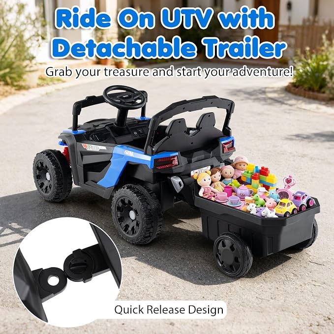 Costzon Kids Ride On UTV Car with Detachable Trailer, 12V Battery Powered Electric Vehicle with Remote Control, 3 Speeds, LED Lights, Music, Horn, Off-Road UTV for Boys & Girls (with Trailer,Blue)