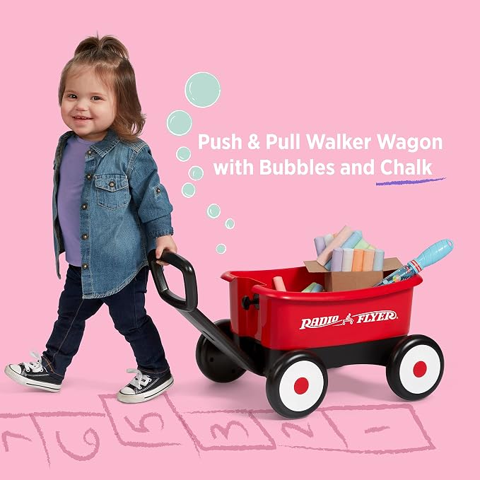 Radio Flyer Push & Pull Walker Wagon with Bubbles and Chalk, Red, for Kids 1-4 Years Old, Locking Handle, Baby Push Walker Converts to Pull Wagon, for Indoor & Outdoor Play, Amazon Exclusive