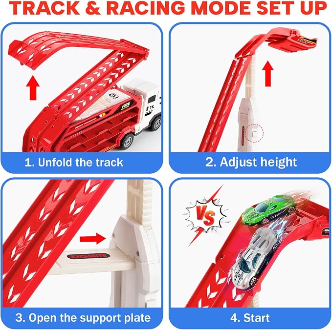 Bstoyder Kids Toys for 3 4 5 6 7 8 Years Old Boys, Carrier Truck Transport Car Toys, Foldable 2 Layer Car Race Track Playset with 25-in Race Track, 6 Metal Toy Cars, Birthday Toy Gift for Toddler-Red
