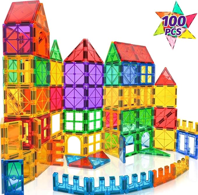 100pcs Magnetic Tiles Magnetic Building Blocks for Toddlers 3 4 5 6 7 Year Old Boys Girls Educational Magnet Blocks Christmas Birthday Gift Toys for Kids Ages 4-8 Sensory Toys 1-3