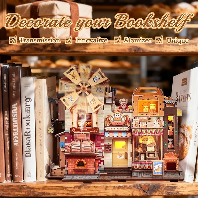 Cutefun 3D Wooden Puzzle for Adults, DIY Miniature Bakery House Kit, Wooden Mechanical Model 576 Pcs Building Kit with LED Light & Music, Creative Craft Gift Home Decor (Bread Factory)