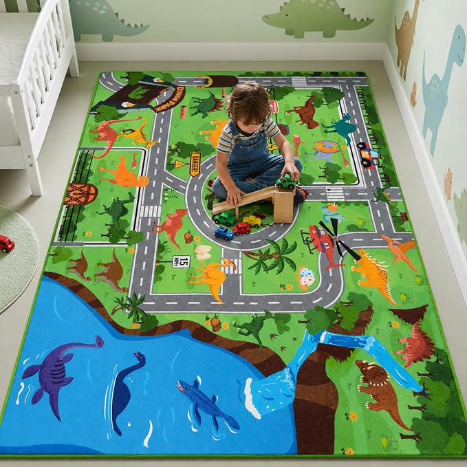 Kids Dinosaur Rug, 3'3" x 4'11" Kids Mat for Playroom– Extra Thick 0.4in Non-Slip Dino Safari Rug Road Play Mat for Classroom and Bedroom, Ideal for Educational Learning Play Areas(for Age 2+)