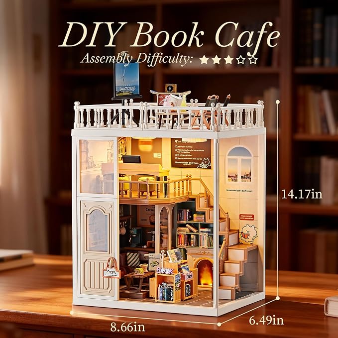 DIY Miniature Book Nook House Kit for Kids 8+ - Library Bookstore Study Room with Coffee Room, Bookshelves, Rooftop Terrace Relax Area, Tiny Play Set Building Craft for Children