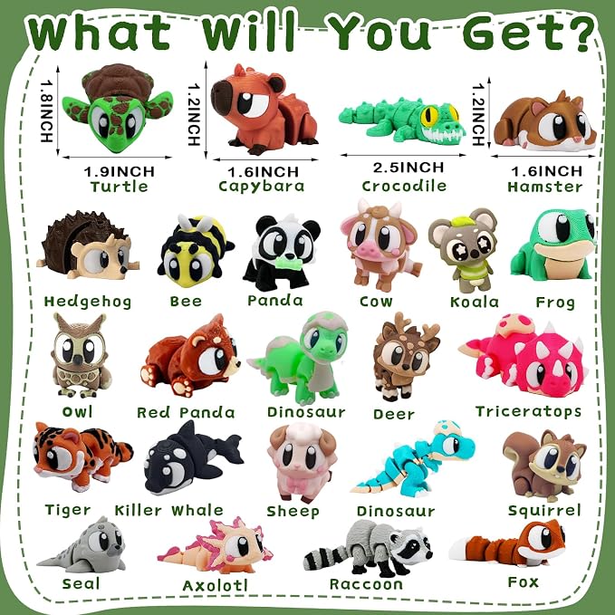 24 PCS Large 3D Printed Animals Toys, 3D Printed Figurines Set - Movable Joints Figurines Set for Adults, Home Office Desk Pets & Display, Goodie Bag Stuffers, Party Favors 3D Toys for Boys Girls