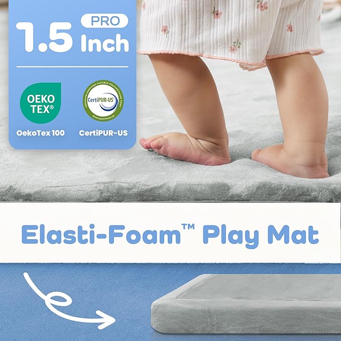 1.5" Thick Padded Baby Play Mat for Floor Tummy Time, Pro Soft Foam Activity Playroom Playmats, Easy Care with Non-Slip Safe for Infant Toddlers Crawling 79"x 79" (Light Grey)