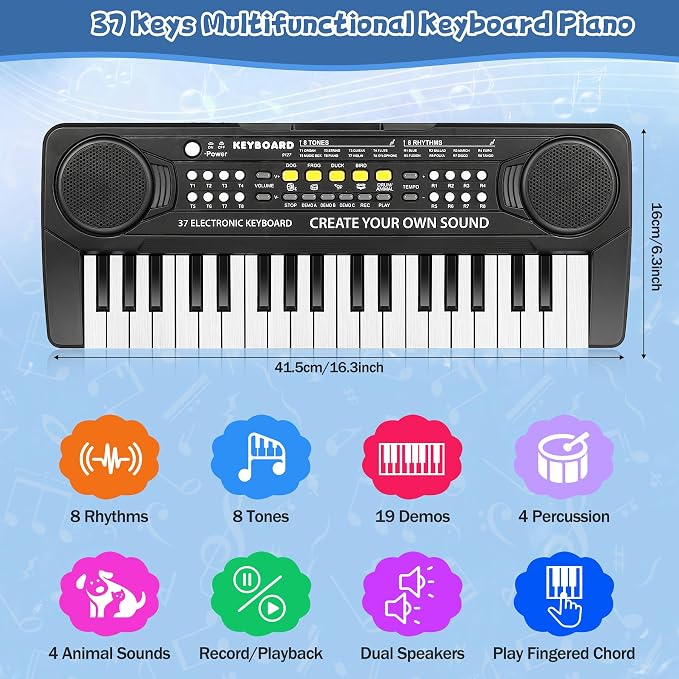 Kids Toddler Toy Piano Keyboard - 37 Key Pianos for Kid Music Toys Instruments with Microphone | Unlock Musical Fun, Perfect Birthday for 3-8 Year Old (Black)