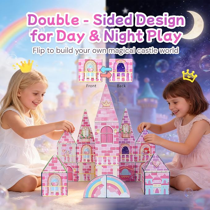 LATI Magnetic Tiles Princess Castle Building Toy for Kids, Double-Sided Magnetic Blocks for Day & Night Play, Open-Ended STEM Educational Toy, Compatible with Other Brands, Gift for Girls Ages 3–8
