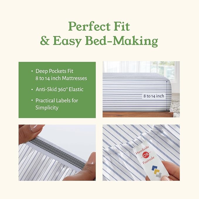 California Design Den Striped Twin Sheets Set - 100% Organic Cotton, Soft and Crisp Percale Sheets with Deep Pockets, Durable Bedding Set - Blue Stripe