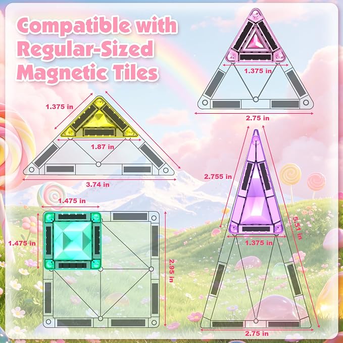 Mini Magnetic Tiles with 2 Little Action People, Light Up Travel Tiles with Magnetic Action Figures for Princess Castle, Micro Magnet Portable Toys for Kids, STEM Building Set Girl Boy Birthday Gift
