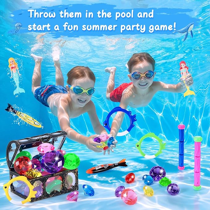 VGOFUN Diving Pool Toys for Kids Ages 3-12, Swimming Pool Toys Water Sinking Toys with Diving Gem Pirate Treasure Chest, Mermaid Toys, Dive Rings Sticks Torpedo Storage Bag for Summer Party Favor