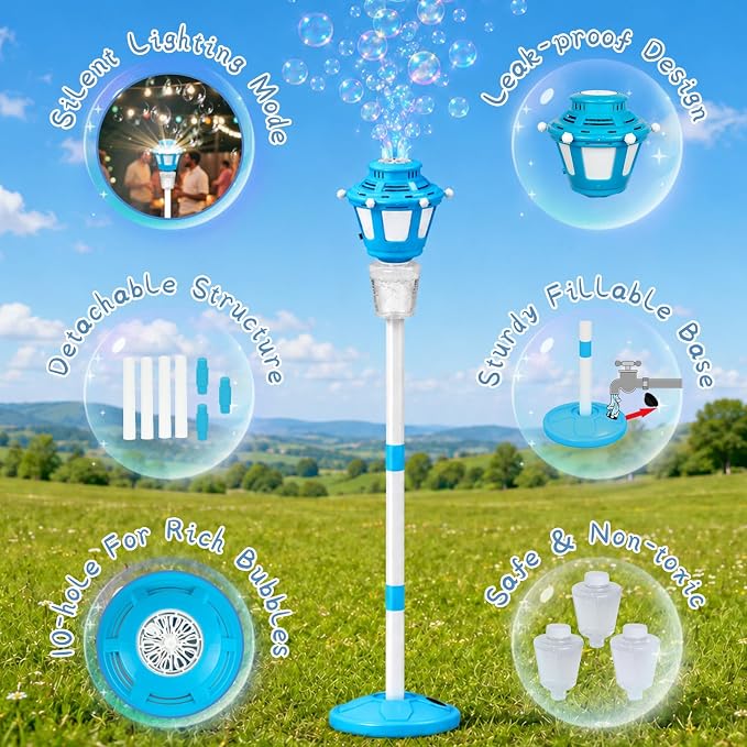 Bubble Machine Maker for Kids, Automatic Bubble Blower with Light & Rechargeable Battery, 40 Inch Adjustable Height Outdoor Toy for Toddlers Party Birthday (Includes 3 Solution), Blue