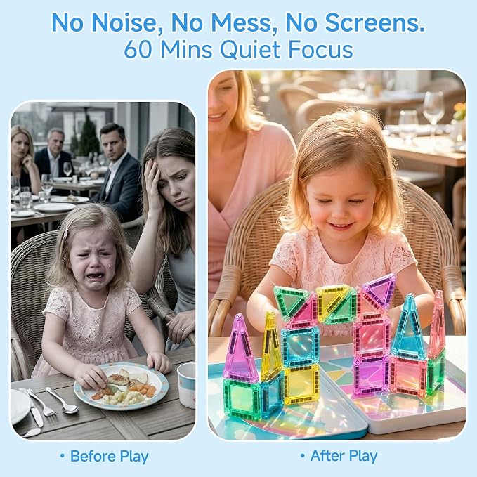 Mini Magnetic Tiles for Kids Travel: 40 PCS Pocket Magnet Building Blocks in Tin Box to Stop Crying - 60 Mins Quiet Play at Church Restaurant - Boys Girls Age 3-8