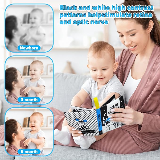 OKOOKO 12PCS Soft Baby Books Black and White High Contrast Soft Cloth Bath Books Crinkle Washable Non-Toxic Early Education Preschool Learning Toy for Newborns Babies Infants Toddlers Kids