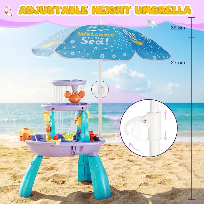 3-Tier Outdoor Water Sand Play Table Beach Toys, Summer Splash Activity Sensory Table Party Birthday Gift for Kids 3 4 5 6 7(Purple)