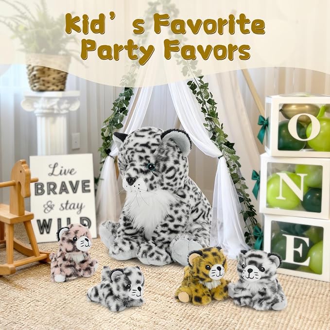 MorisMos Snow Leopard Stuffed Animal with Babies, 5-in-1 Plush Family, 14" Mommy Snow Leopard with 4 Baby Cubs, Soft Cuddly Big Cat Plush Toys Gifts for Kids Birthday Jungle Baby Shower Nursery Decor