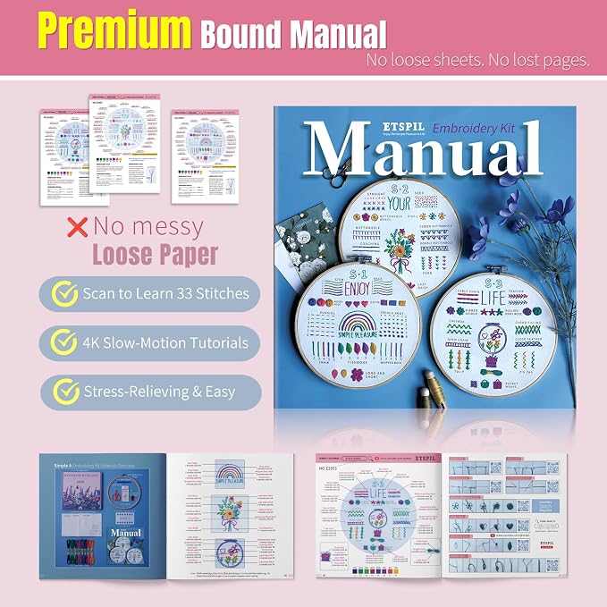 ETSPIL Embroidery Starter Kit for Adults, 3 Simple Patterns to Master 33 Stitches, Easy Step-by-Step 4K HD Video Tutorials & Bound Guide, DIY Craft Gift for Teens