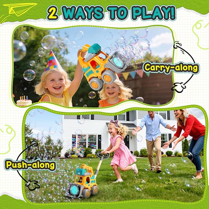 Bubble Machine for Toddlers 3-6: Construction Truck Bubble Lawn Mover, 2-in-1 Handheld Push Automatic Bubble Blower with Led Lights USB Rechargeable, Bubbles Toy for Kids Boy Girl 3-6 Year Old