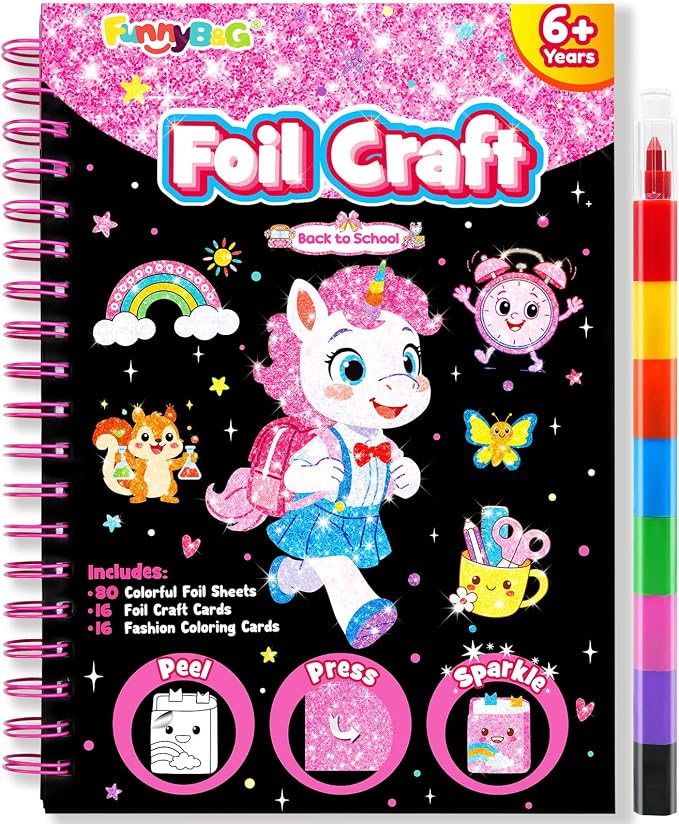 FUNNYB&G Foil Art Craft Kit for Girls 4-10 Years Old: Mess-Free & No-Glue, Create 16 Back to School Pictures – Perfect Travel Toy & Birthday Gift for Kids (Back to School)