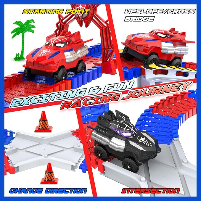 Spider Race Track Toys for Kids, Monster Truck Gifts for Ages 3 4 5 6 7 8 with 2 Cool Spider Cars and Flexible Train Tracks, Toddler Train Set for Boys Girls's Christmas Birthday Presents (250Pcs)