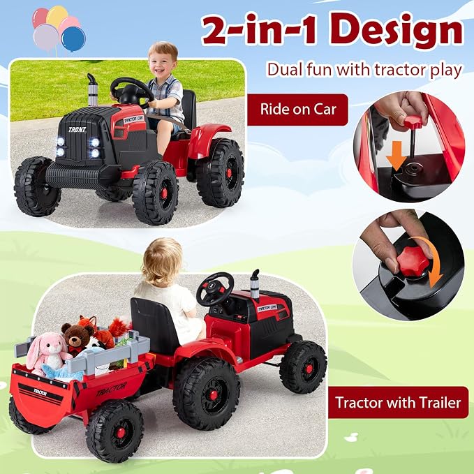 Costzon 24V Ride on Tractor with Detachable Trailer, Kids' Electric Vehicles with 3 Speeds, 15° Climbing, Wireless Design, Horn & Music, Remote Control Tractor Toy for Kids 3+,Gift (24V, Red)