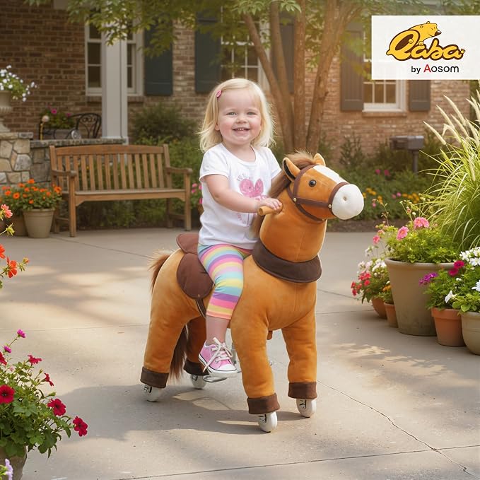 Qaba Ride on Horse for Kids 3-5 Years, 29.5 Inch Height Plush Riding Pony, Walking Horse Animal with Rolling Wheels for Active Play, No Batteries Required, Brown