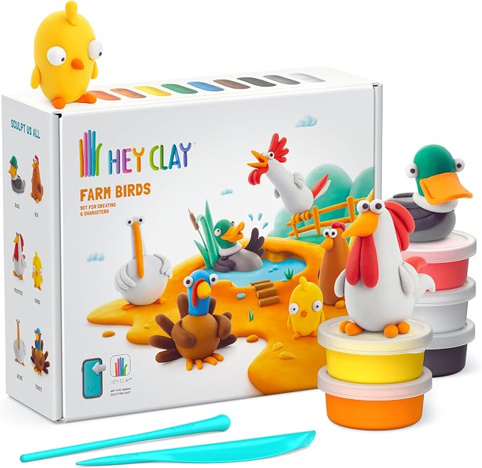 HEY CLAY Set - Colourful Modeling Air Dry Clay Kit for Kids 15 cans and Sculpting Tools with Fun Interactive Instructions App - Children 3+ (Farm Birds)