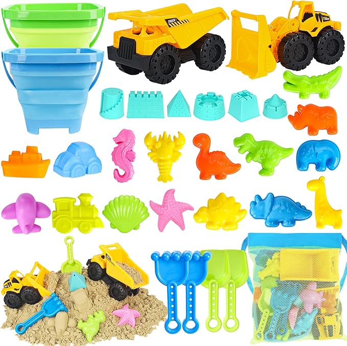 FHOZGECY Beach Sand Toys, 2 Construction Vehicles, 2 Collapsible Buckets, Sand Castle Molds with Travel Mesh Bag, Sandbox Play Set for Kids Ages 3-12, Multi‑Scene Play for Outdoor Summer Beach Games