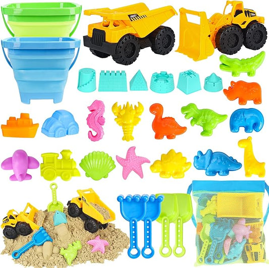 FHOZGECY Beach Sand Toys, 2 Construction Vehicles, 2 Collapsible Buckets, Sand Castle Molds with Travel Mesh Bag, Sandbox Play Set for Kids Ages 3-12, Multi‑Scene Play for Outdoor Summer Beach Games